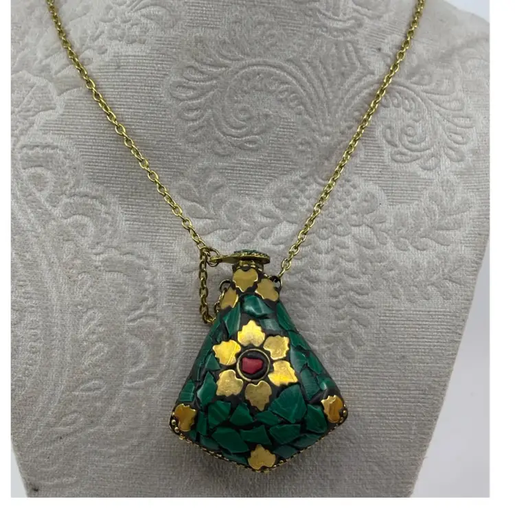 Vintage Malachite Brass Mosaic Inlay Perfume Bottle Necklace 30”