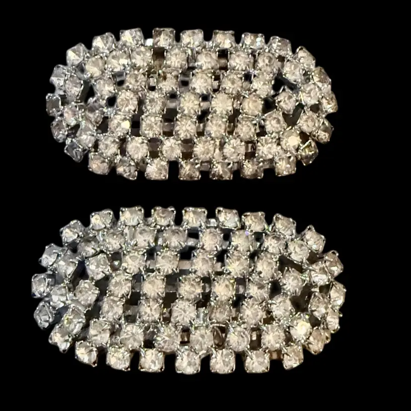 Signed MUSI Rhinestone Oval Silvertone Shoe Clips 2.25”
