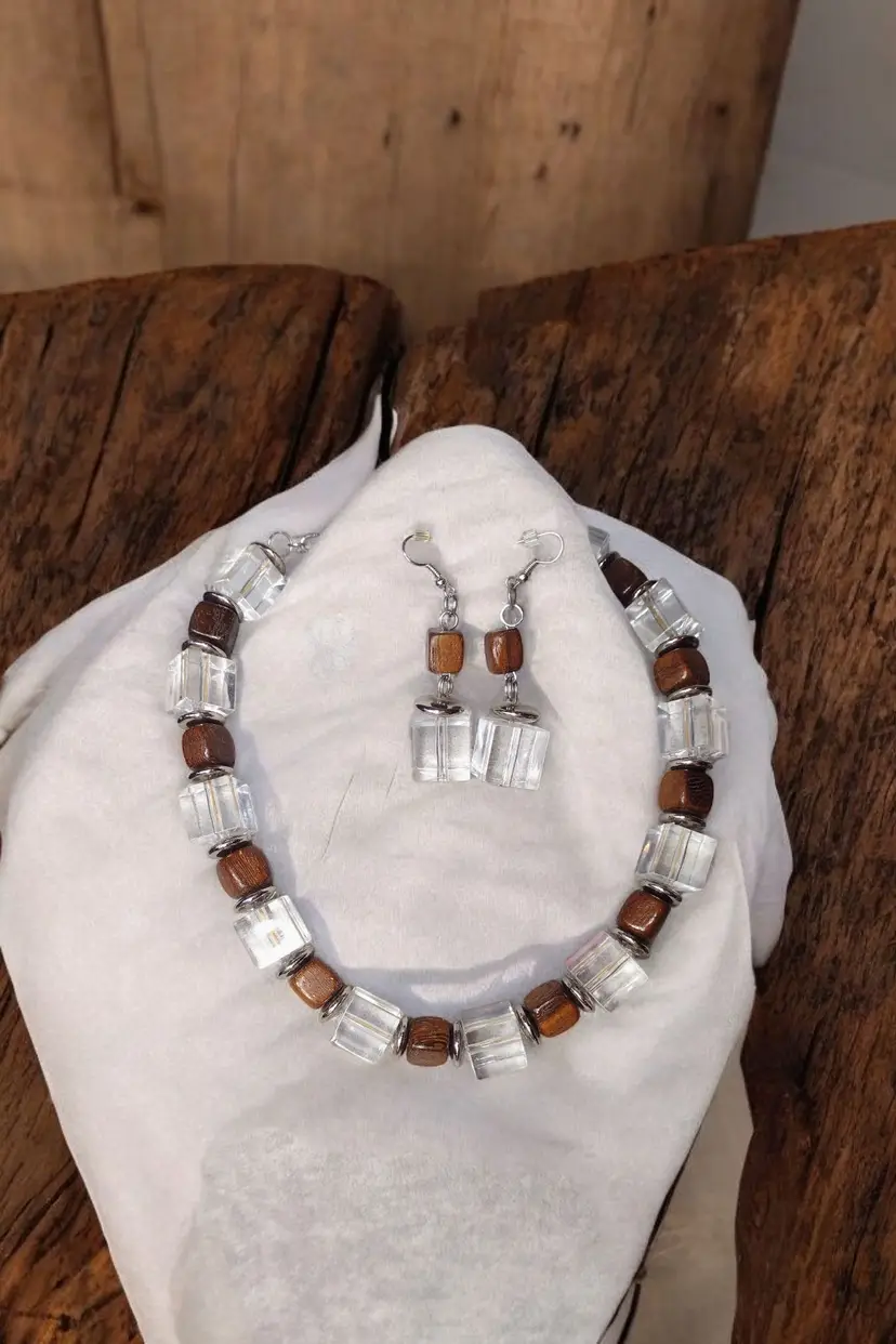 Lucite Wood Beaded Cubed Single Strand Necklace Earring Set Vintage Chunky