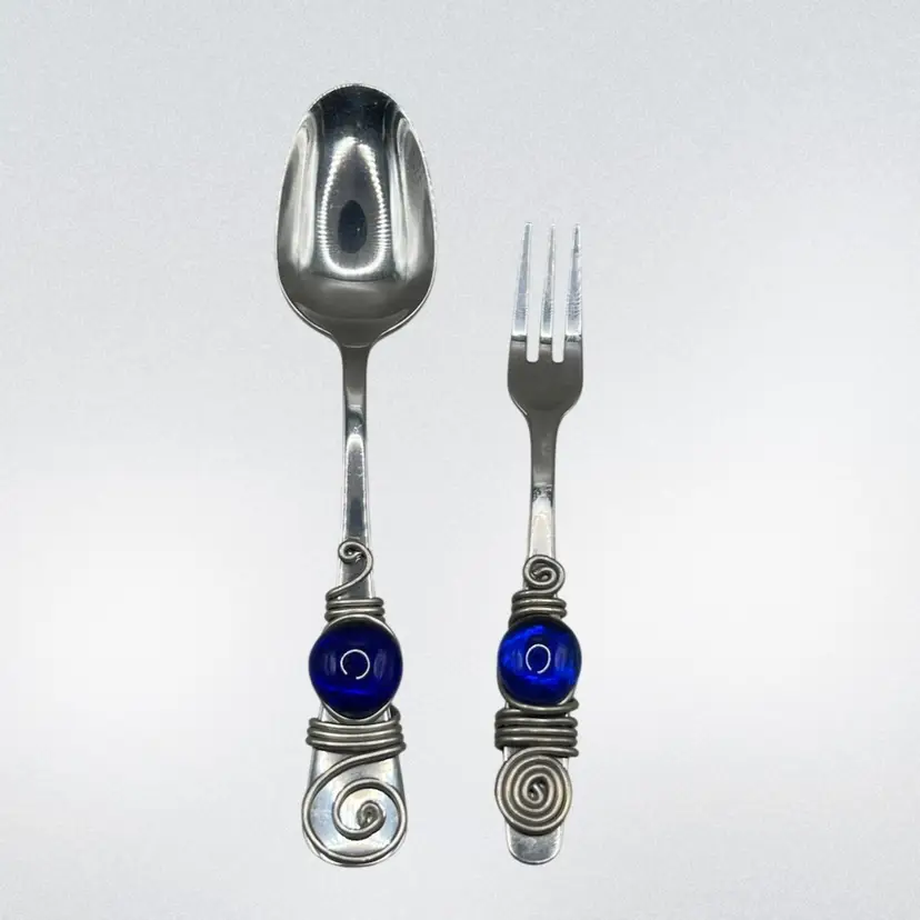 Stainless Flatware Spoon & Small Appetizer Fork Wire Wrapped Blue Glass Bead Set