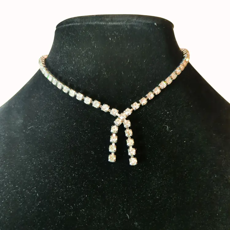 Vintage Y Shape Rhinestone Silver Tone Choker Necklace
