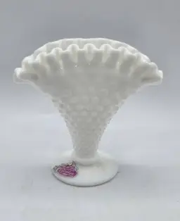 1960s Fenton White Hobnail Fan Milk Glass Vase • Ruffled Edge  4" Original Label