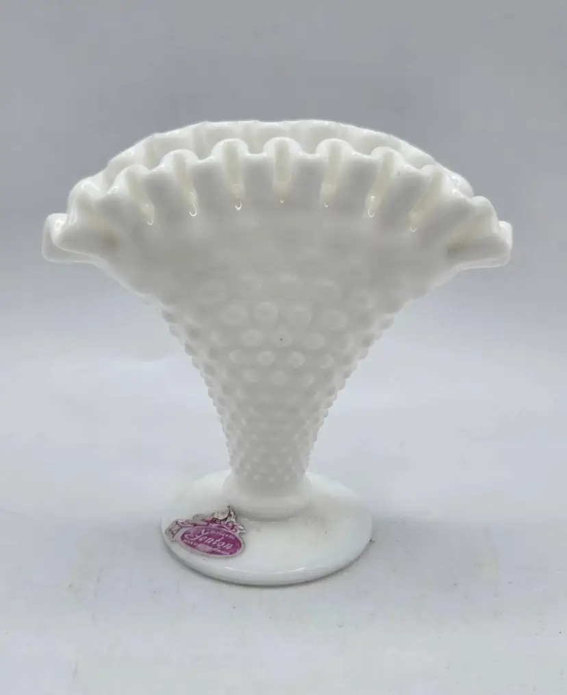 1960s Fenton White Hobnail Fan Milk Glass Vase • Ruffled Edge  4" Original Label