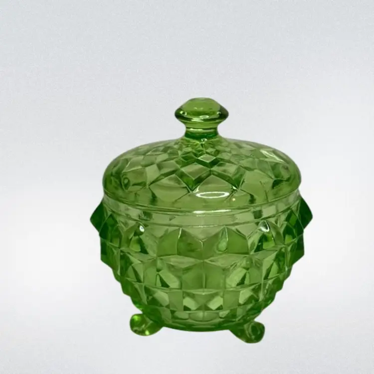 Vintage Uranium Sugar Powder Jar W/Lid Jeannette Cubist Green Depression Glass Glows
4-1/2” T x 3-1/2” W (top)