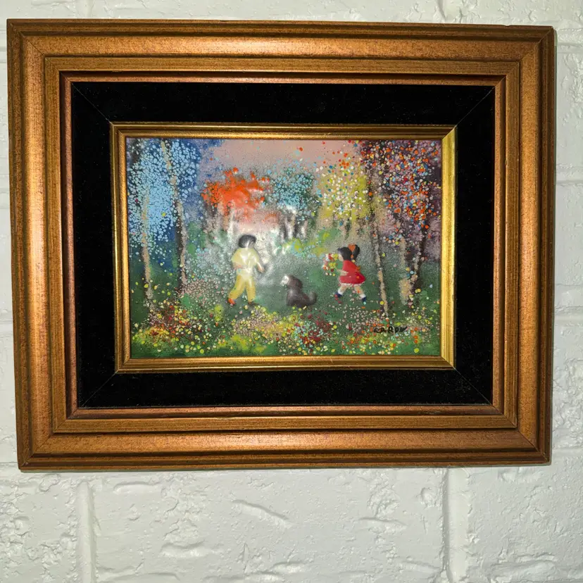 Louis Cardin Children and Dog Enamel on Copper Framed Signed 7” by 5”