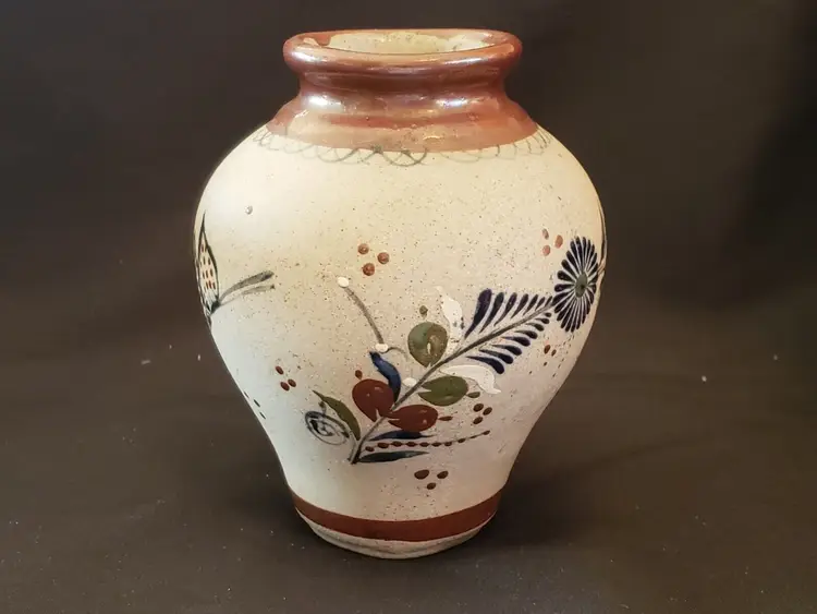 Tonala Pottery Vase Signed J Santana Mexico - Blue Flower Butterfly Vintage