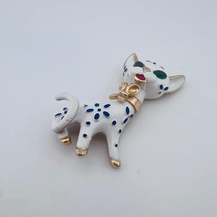 Vintage Crown Trifari Scarce Cat Brooch From Precious Pets Collection Gemstone Eye Enameled Goldtone