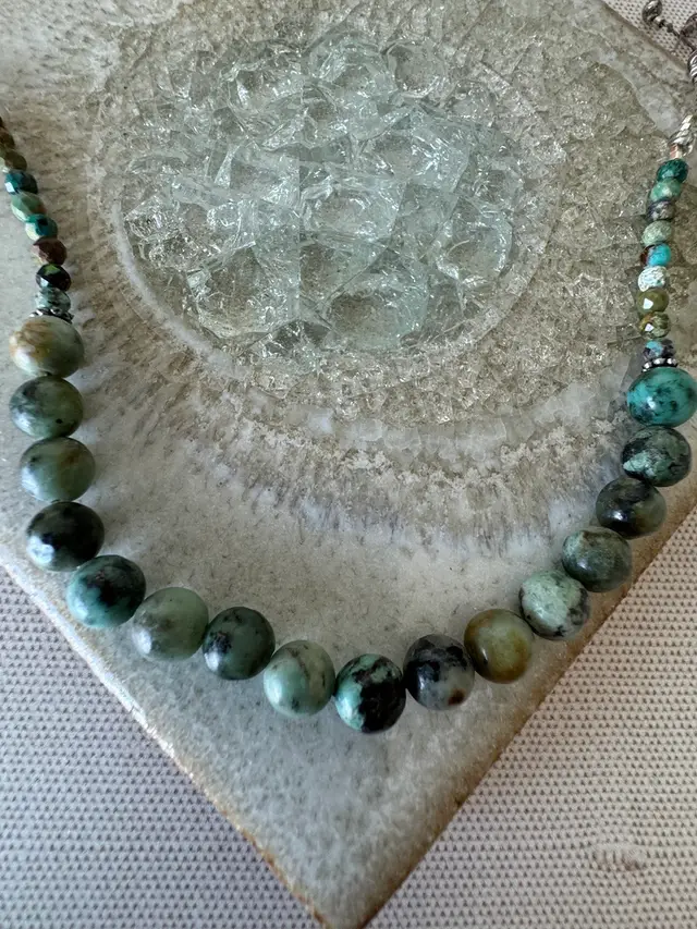 African Turquoise Beads Hand Knotted Necklace With Glass Crystals And Sterling Silver Clasp 20 1/2” #65