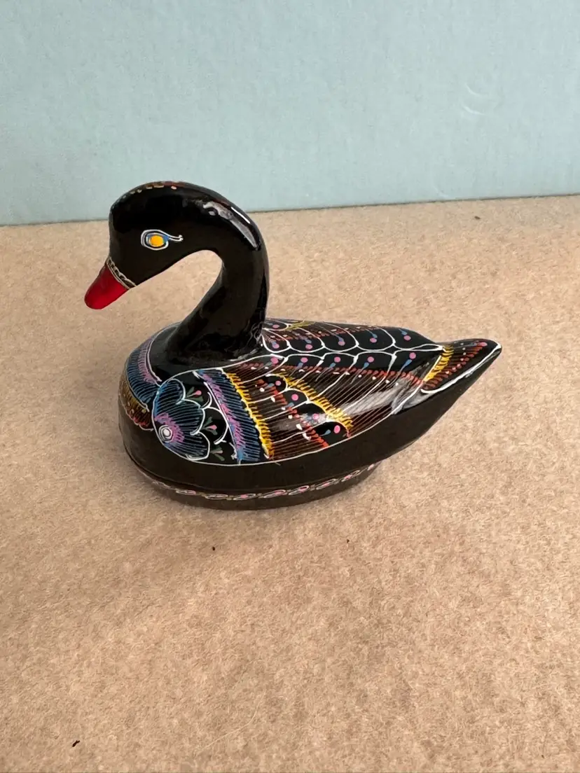 Hand-painted lacquered wooden duck trinket box with folk art motifs