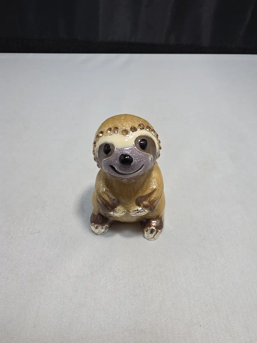 Vintage Enamel Sloth Jeweled Trinket Box Hinged Magnetic Faux Gems (DR)