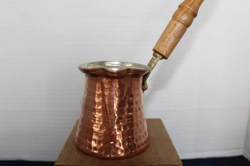 Turkish Coffee Pot Hammered Copper 2.75” Wood Handle  8 Fl Oz