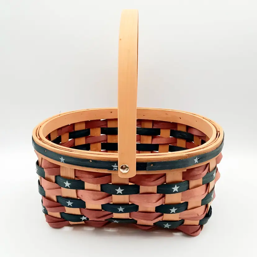 Patriotic Red Blue White Stars Woven Basket Folding Handle 4th of July USA