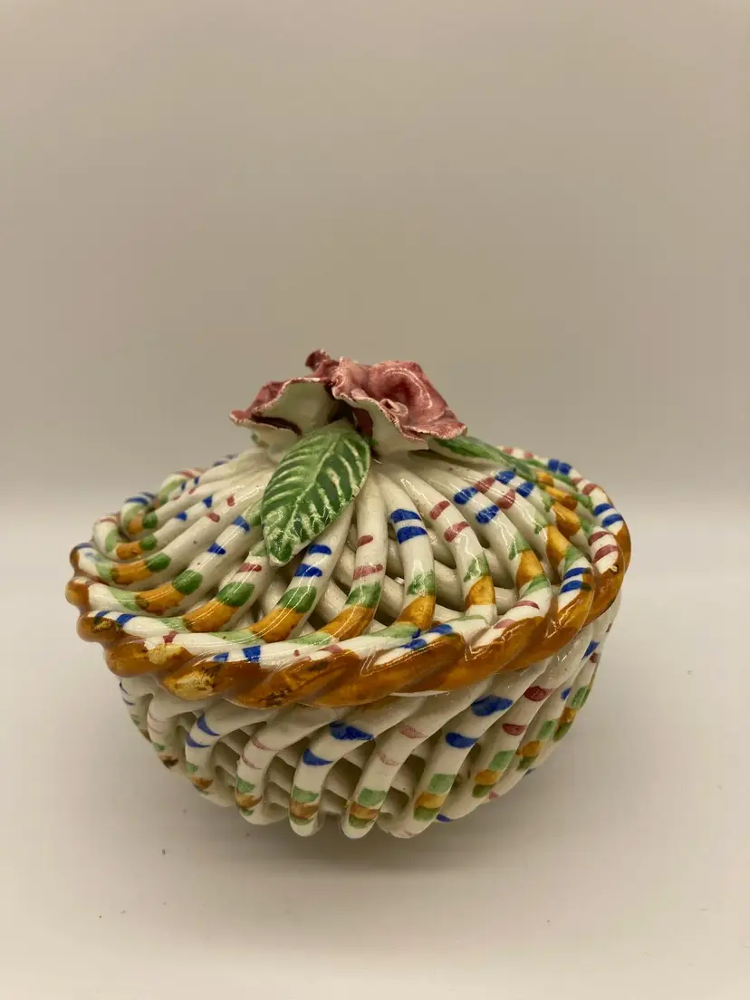 Vintage Spanish Porcelain Trinket Box Woven Basket Twig Style Basket Roses Spain