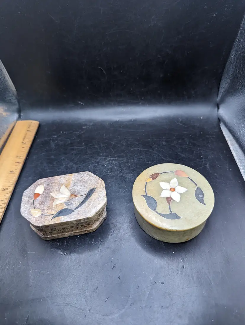 Vintage Stone Inlay Trinket Boxes Set Of 2