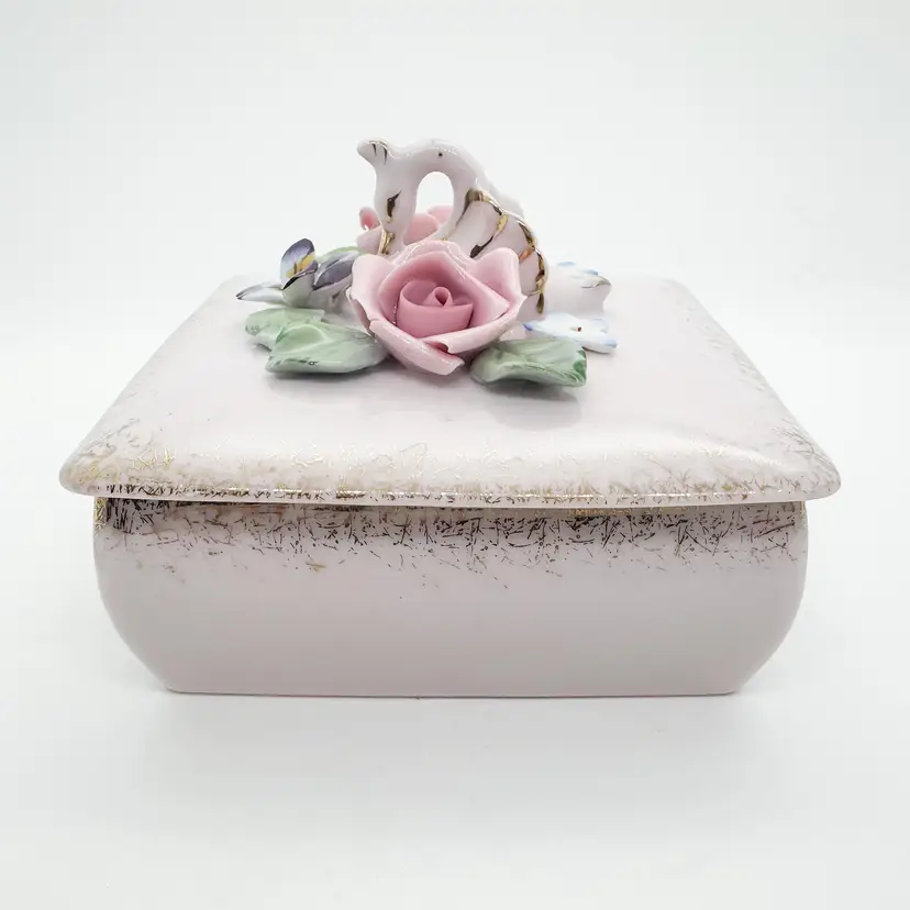 Vintage Lefton Pink Trinket Box Jewelry Vanity Porcelain Bisque Swan Roses B25