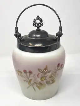 Hand Painted Porcelain Biscuit Jar with Silvertone Lid and Handle
