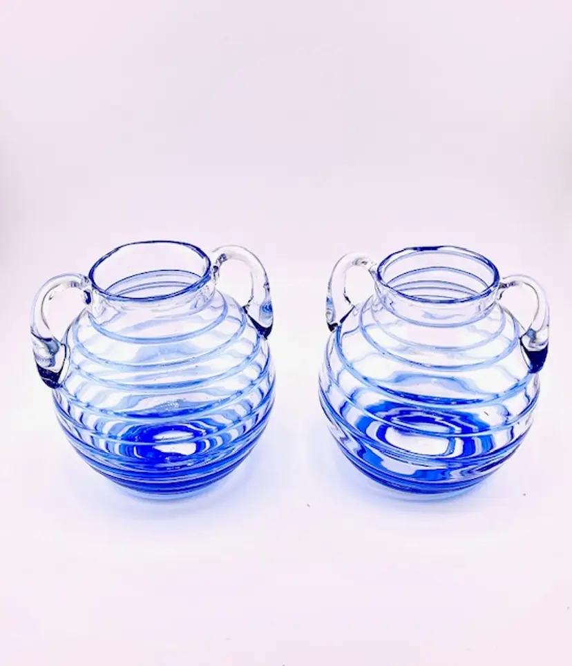 Two HandBlown Clear Glass with Blue Swirls Small Vases/Urns - Double Handled 4" tall x 4.75" wide
