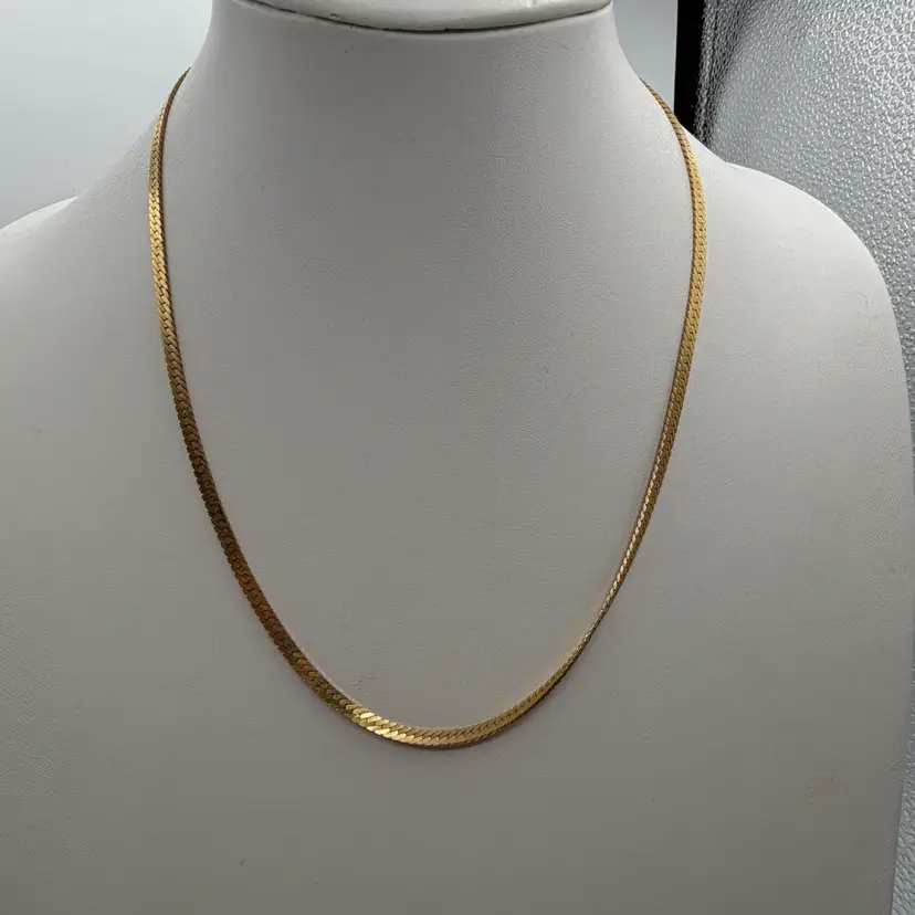 Vintage Monet Herringbone Chain Necklace 4mm 18” Long, Yellow Gold Plated