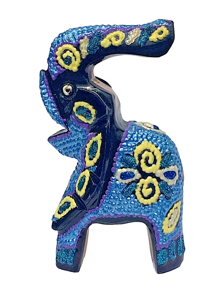 Carved Wooden Elephant Hand Painted Trunk Up Blue Black
