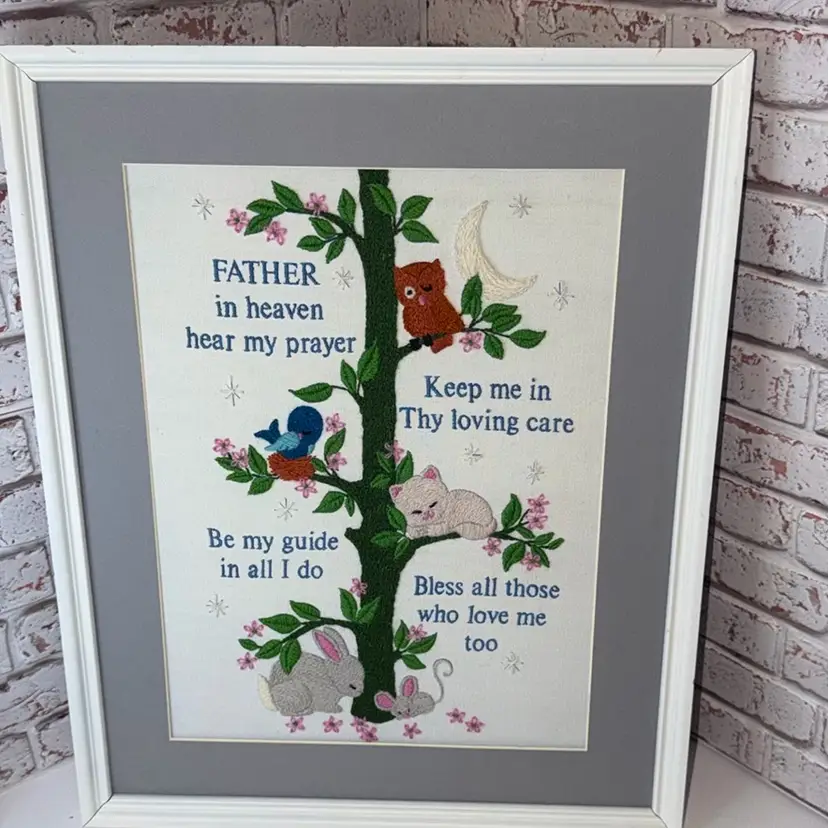 Vintage Framed Completed Crewel Embroidery "Father in Heaven" Nursery Cottage With Moon And Starts