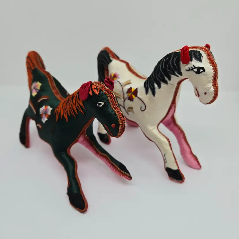 1 Pair Vintage Embroidered Silk Satin Horse Figurines