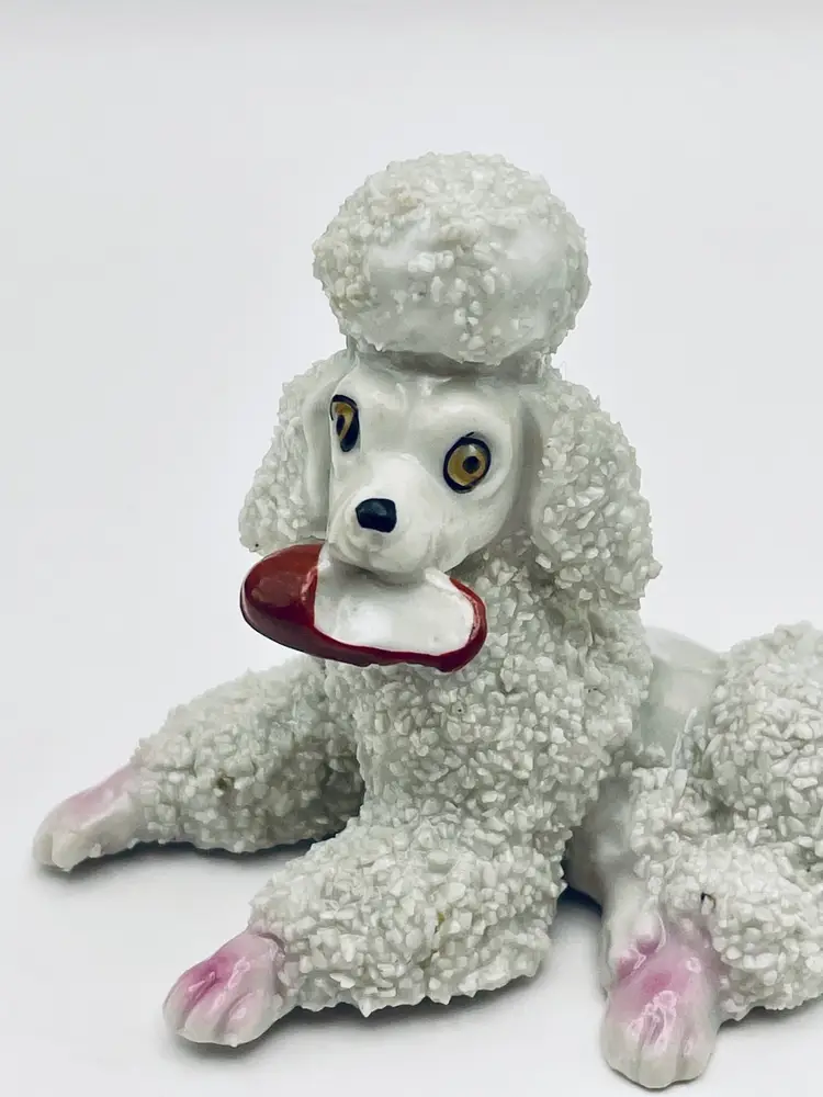 Vintage, MCM, Porcelain, Sugar/Spaghetti French Poodle, White/Pink, Holding Shoe