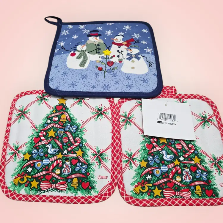 Vintage Set Of 3 Christmas Pot Holders Christmas Tree And Snowmen NOS
