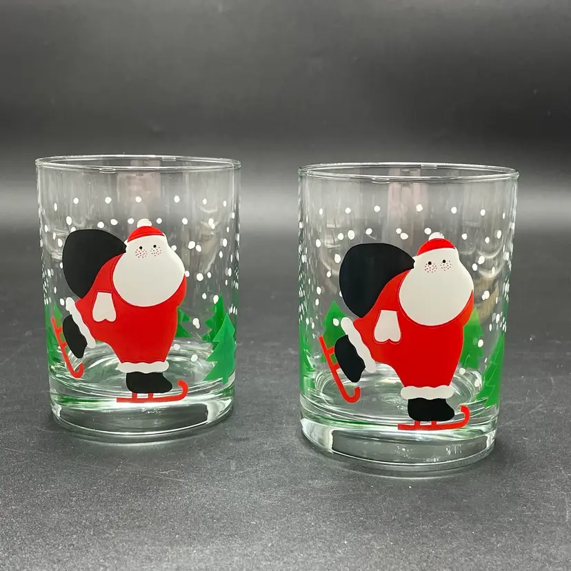 Crate & Barrel Skating Santa Double Old Fashioned Lowball Glasses Christmas