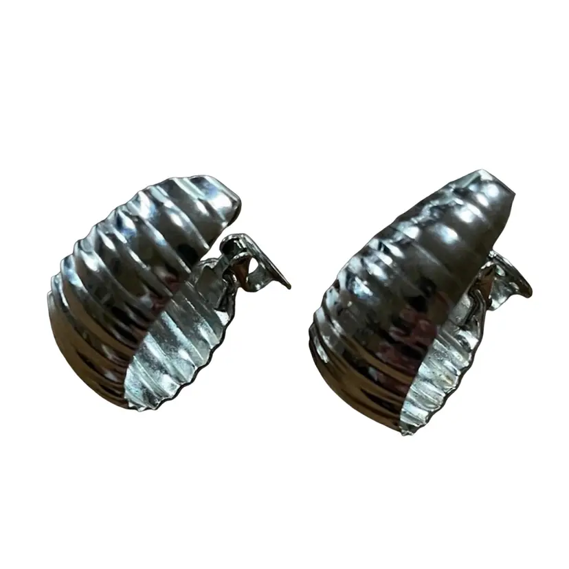 Vintage Signed Crown Trifari Silver Tone Clip On Chunky Hoop Earrings