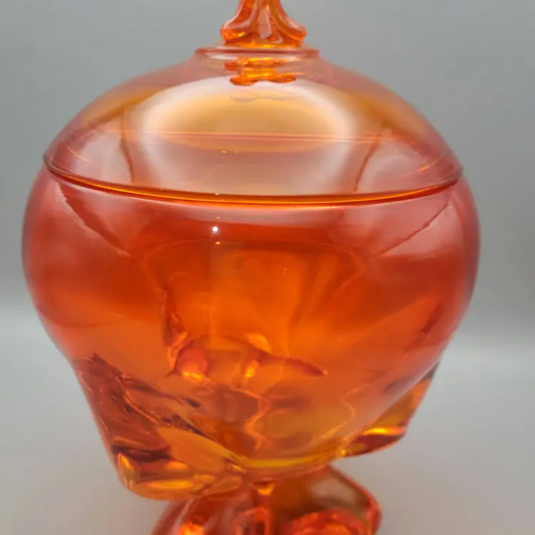 Vintage MCM Viking Epic Persimmon Orange Three Foil Covered Candy Dish.