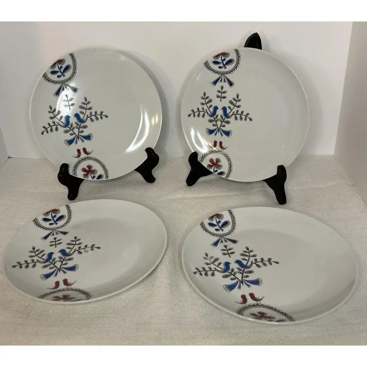 Anthropologie Black Thistle Blue & Red Love Birds 8” Salad Plates~ Set Of 4