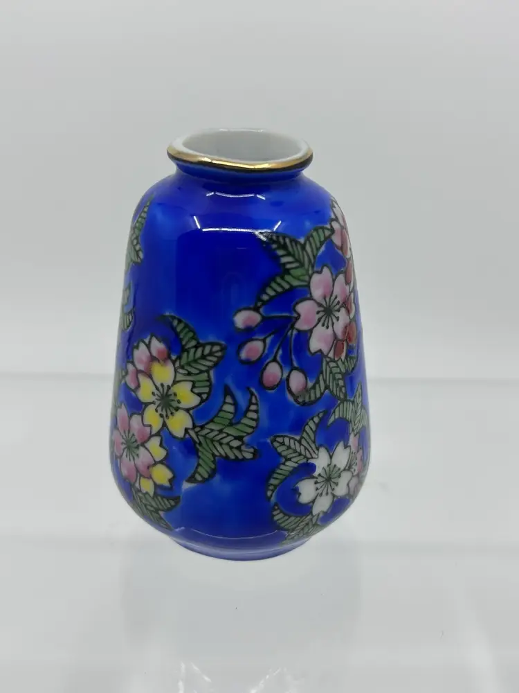 Small Cloisonné Vase Figurine Blue With  Red Pink Yellow Florals