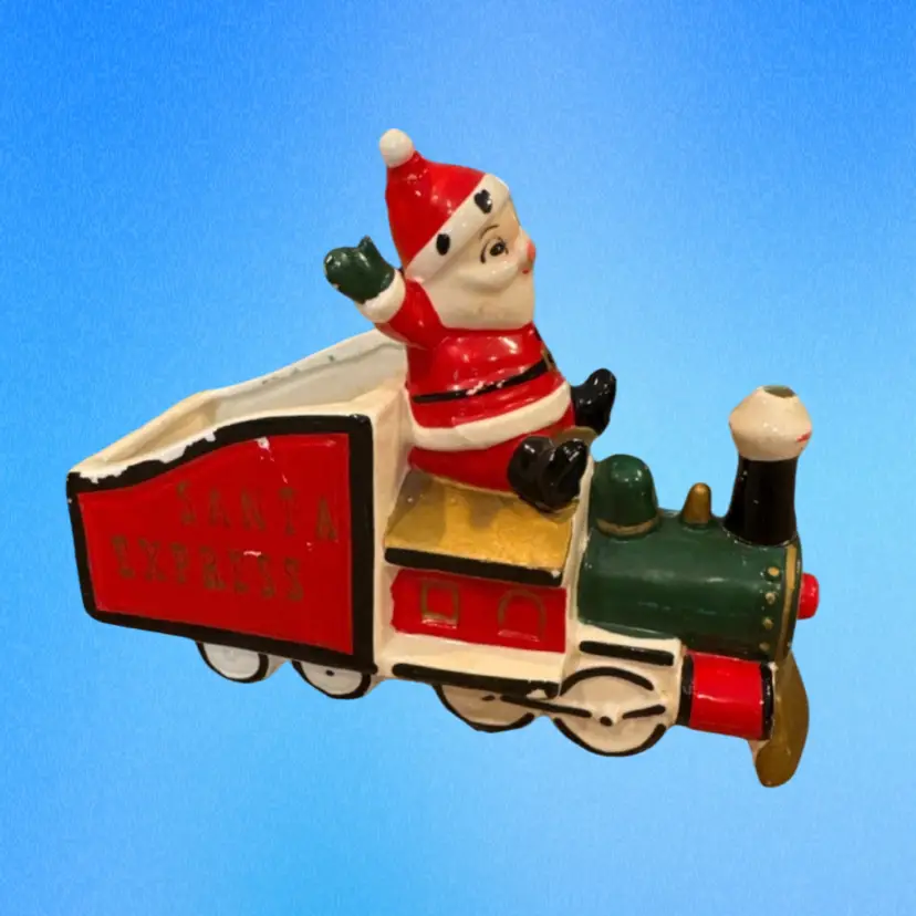 Vintage 1950s HOLT HOWARD Kitschy Ceramic Santa Christmas Train Planter, Read