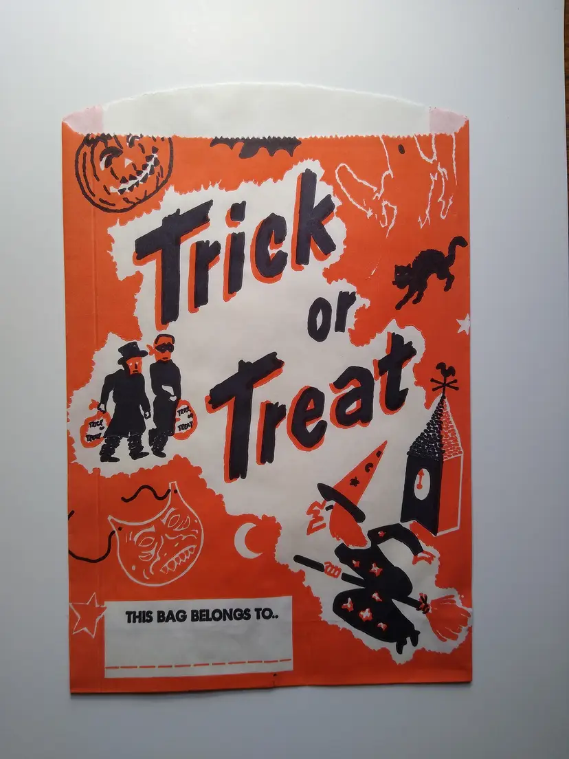 Vintage Halloween Trick or Treat Paper Goodie Bag Orange Black Cat Witch 10" x 7