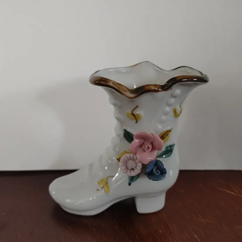 Porcelain Victorian Shoe Vase with Flowers. No chips or cracks. 4 inches high.