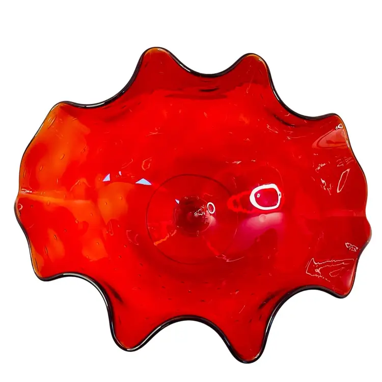 Bischoff Red  Glass Bowl  bullicante bubbles Ruffled Centerpiece Bowl Fruit Candy Holiday Decor 7” T x 12-1/4” L  x 8-3/4” W