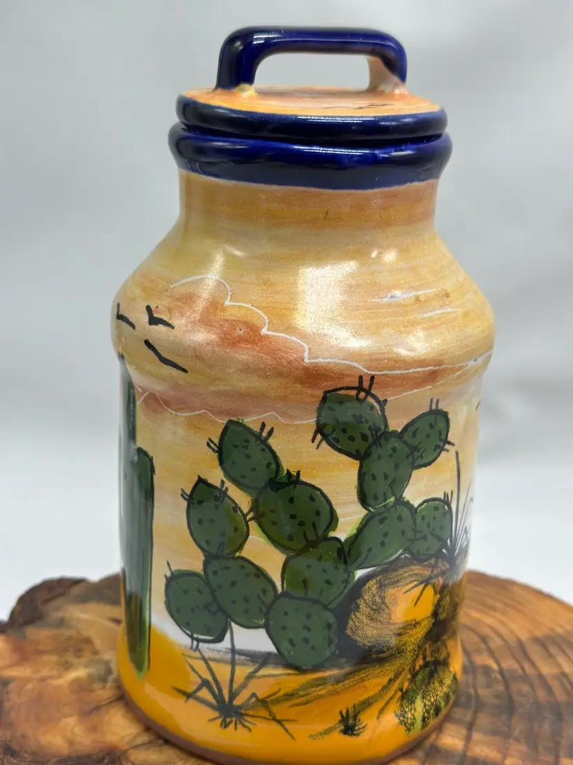 Talavera Castillo Folk Art Cactus Lidded Jar Canister Mexico Pottery Hand Painted Southwest