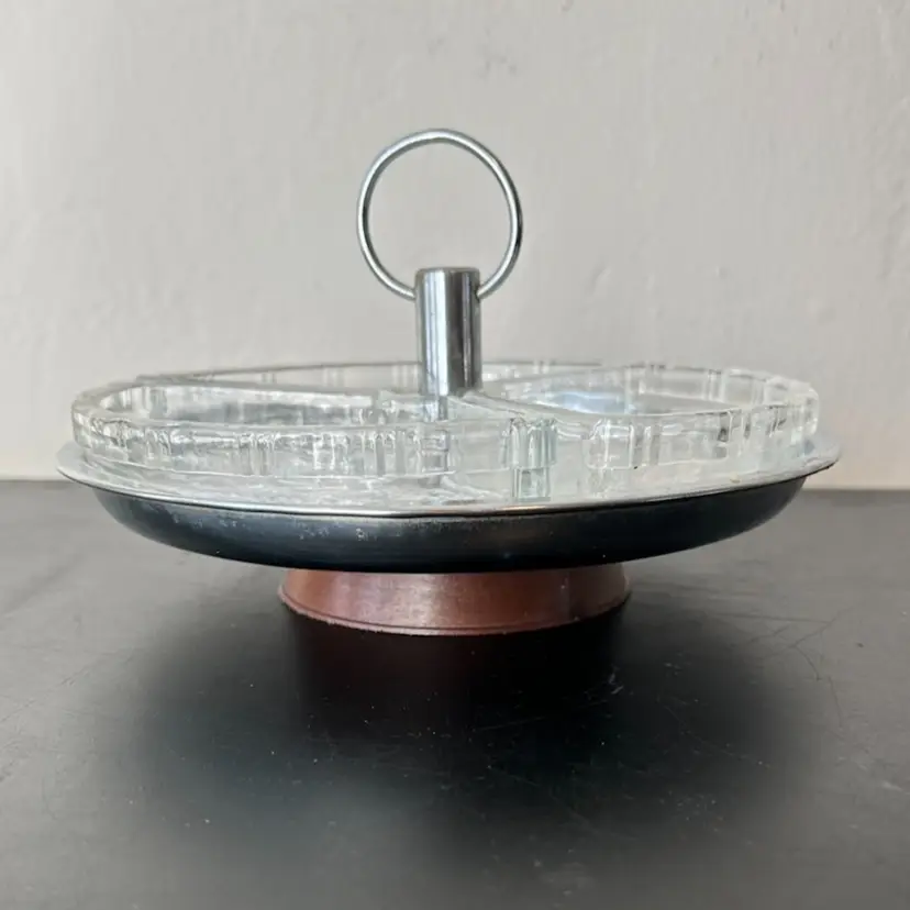 Vtg Lazy Susan Appetizer Relish Caddy Chrome & Glass