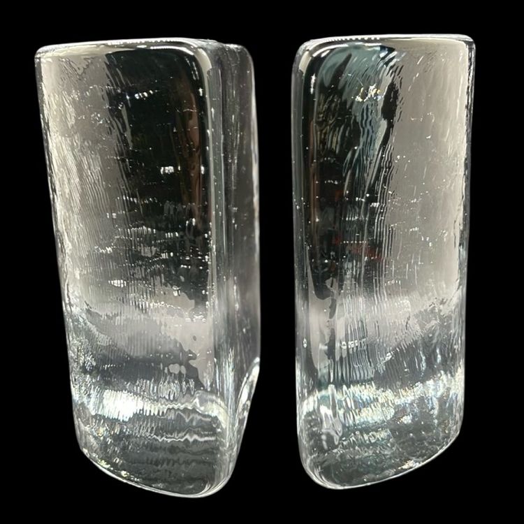 Pair Of Vintage Blenko Clear Heavy Half Moon Glass Bookends 5” x 5” (combined, each 1/2 is approx. 2.5” ea.).