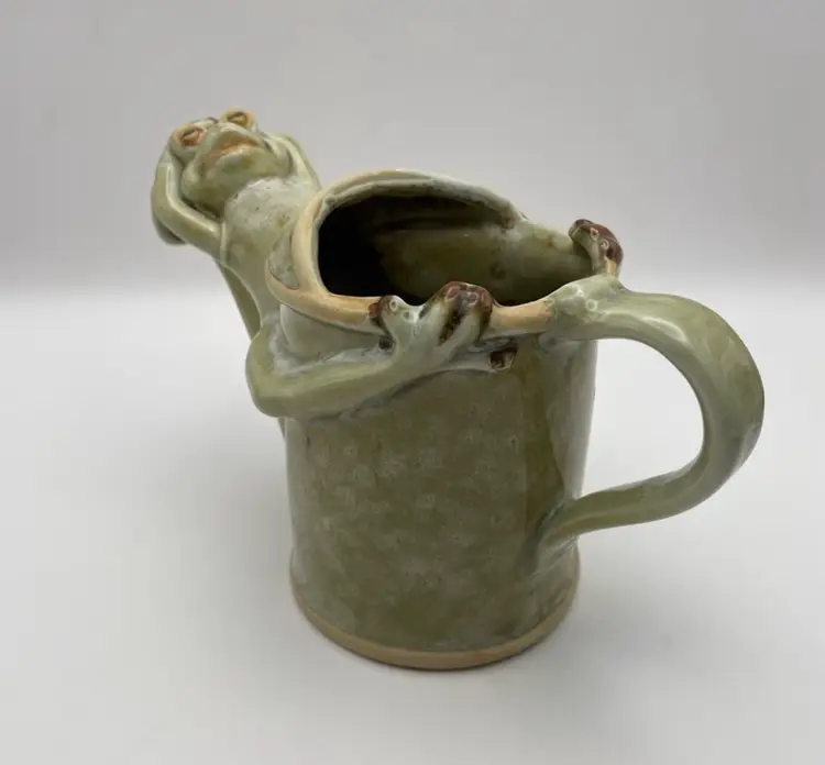 Whimsical, Ceramic, Frog, Watering Can, Green Glazed, Pottery, 5.5” Tall
