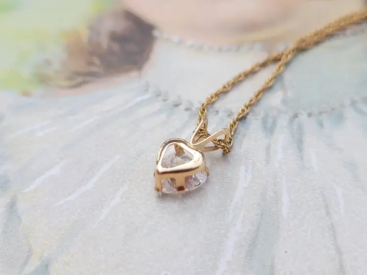 Vintage 10k Yellow Gold Heart CZ Valentine's Pendant Necklace 22"