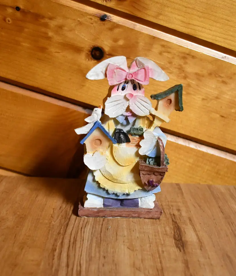 Vintage Cornerstone Creations Wooden Easter/Springtime Lady Rabbit Doing Gardening Figurine