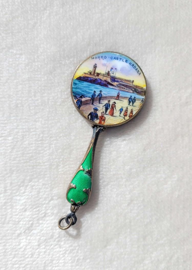 Antique Victorian Guilloche Enamel Havana Cuba Scene Mini Hand Mirror Chatelaine