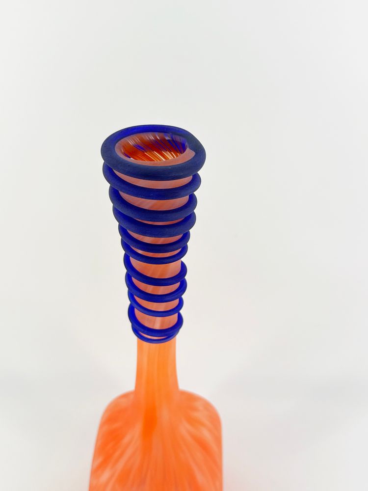 Polish Blown Glass 11" Frosted Orange Swirled Bottle Applied Cobalt Band