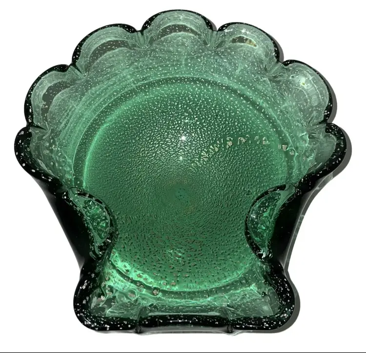 Vintage Heavy Murano Seguso Toso Blown Art Glass Shell Dish Green Silver Aventurine 
