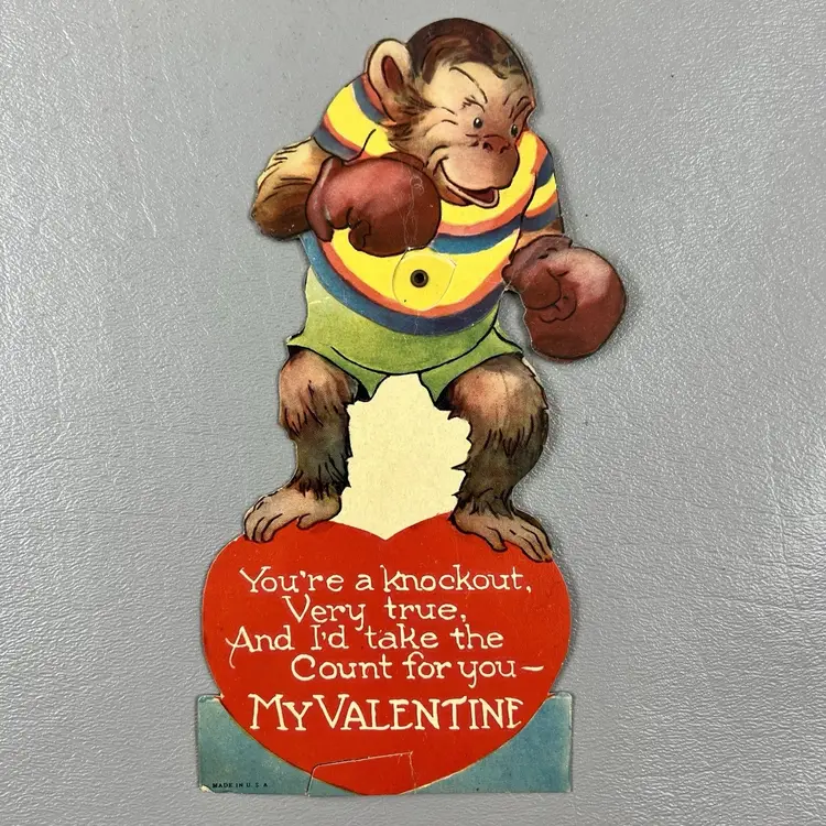 Vintage Valentine Die Cut Mechanical Card Anthropomorphic Money Boxing Knockout USA 6.5"