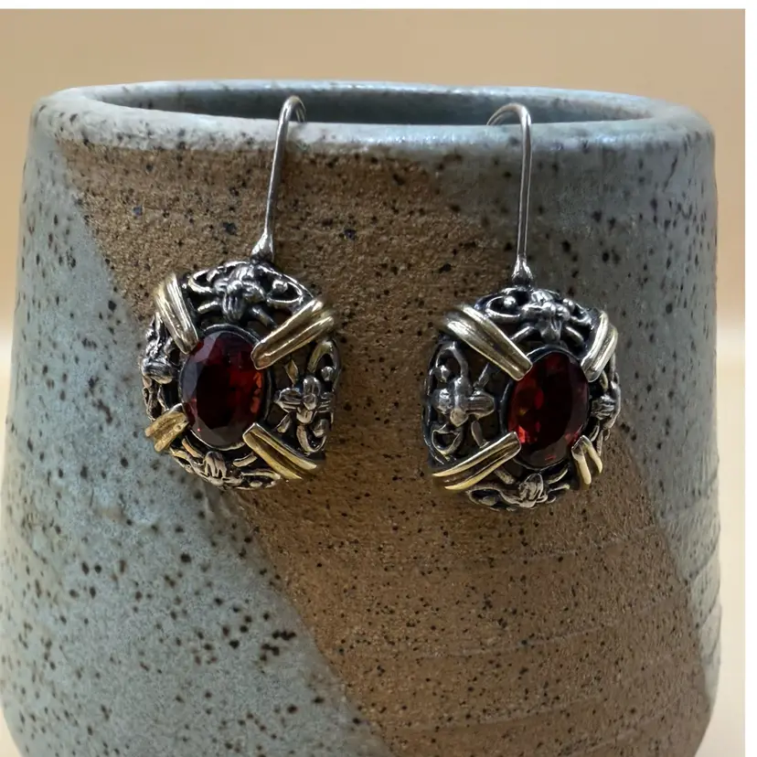 Garnet & Sterling Silver Floral Filigree Earrings 1”