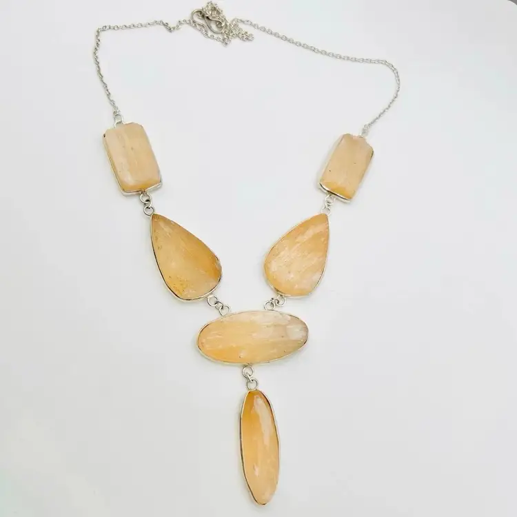 6-Stone Rough Peach Selenite Necklace (20 inches) in Sterling Silver Finish (#116)