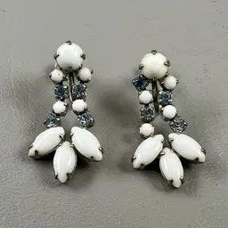 Vintage White Milk Glass & Blue Rhinestones Dangle Clip On Earrings Silver Tone 1.25"