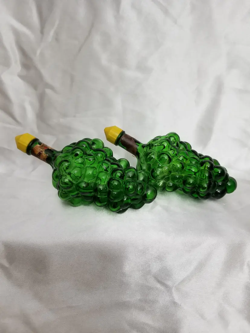 Vintage Green Glass Grape Bunch Wine Bottles - Pair